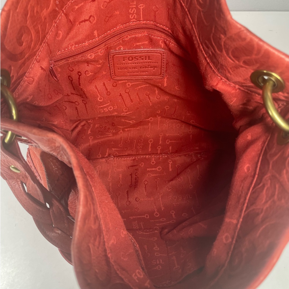 Vintage Fossil Red Embossed Leather Shoulder Bag Purse Handbag Braided Strap - Picture 6 of 6